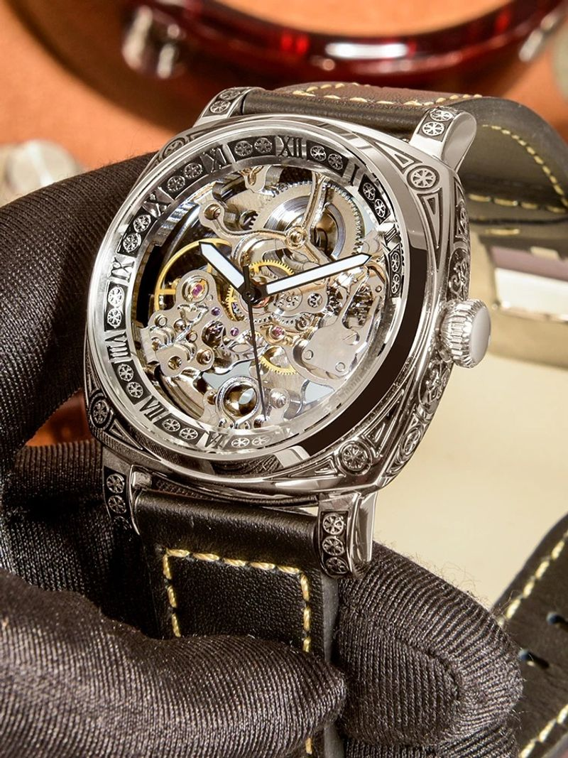 Fully Automatic Men Watches Skeleton Fashion Mechanical Wristwatch Luminous MAN WATCH Business Leather Band Reloj Hombre_voghion.com