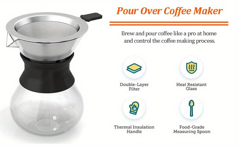 Macchina per caffè con filtro in acciaio inossidabile a doppio strato, caffettiera manuale a goccia da 400 ml/14 oz e caffettiera in vetro (400 ml/14 oz)_voghion.com
