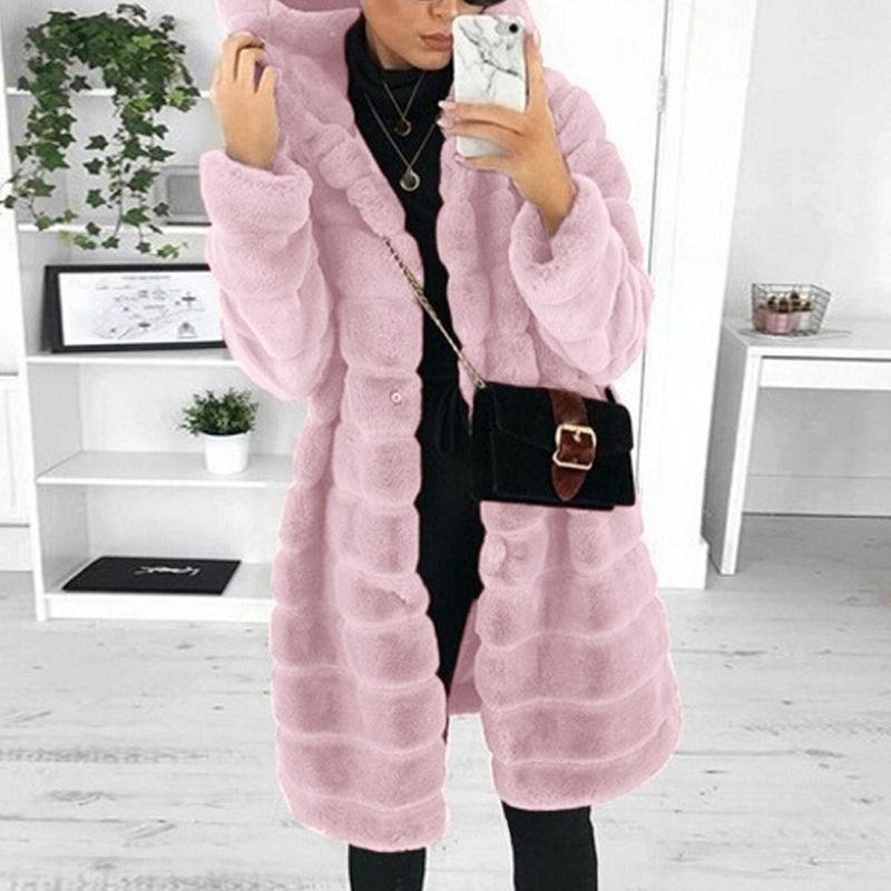Nuovo cappotto largo in pelliccia di coniglio con cappuccio e tasche laterali per donna, autunno/inverno_voghion.com