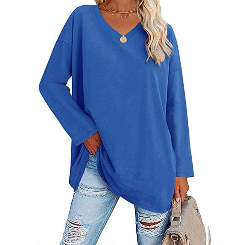 Camiseta extra grande, nova, solta, ombro caído, decote em V, cor sólida, top feminino, manga comprida_voghion.com