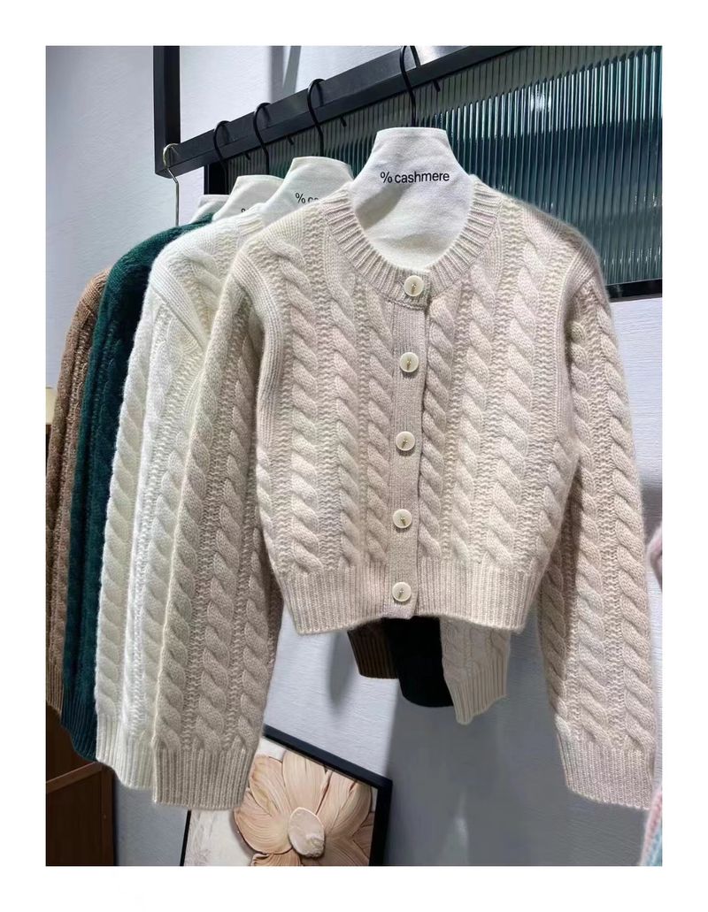 2025 New Autumn And Winter 100% Pure Wool Cardigan Women's Round Neck Twist Solid Color Sweater Short Cashmere Knitted_voghion.com