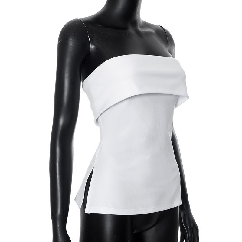 Women's Summer New Style Strapless Backless Slim Fit Slit Solid Color Casual Collar T-shirt Top_voghion.com