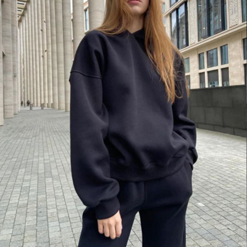 Completo da donna con felpa e pantaloni jogger foderati in pile – Due pezzi casual invernali (maglione a maniche lunghe + pantaloni affusolati, streetwear, poliestere, S-XL, 6 colori)_voghion.com