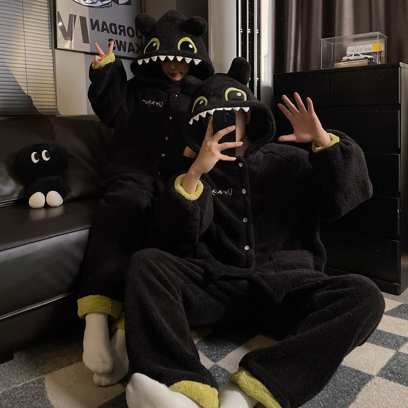 Toothless Couple Little Monster Long Winter Pajamas Cute Cartoon Plus Plush Thick Home Clothes Women's Set_voghion.com