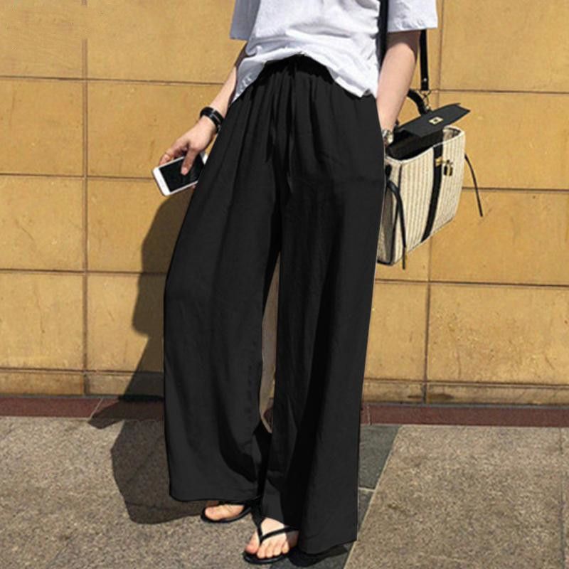 Pantaloni a gamba larga da donna, pantaloni di lino da donna alla moda a vita alta, pantaloni larghi casual in tinta unita all'ingrosso_voghion.com