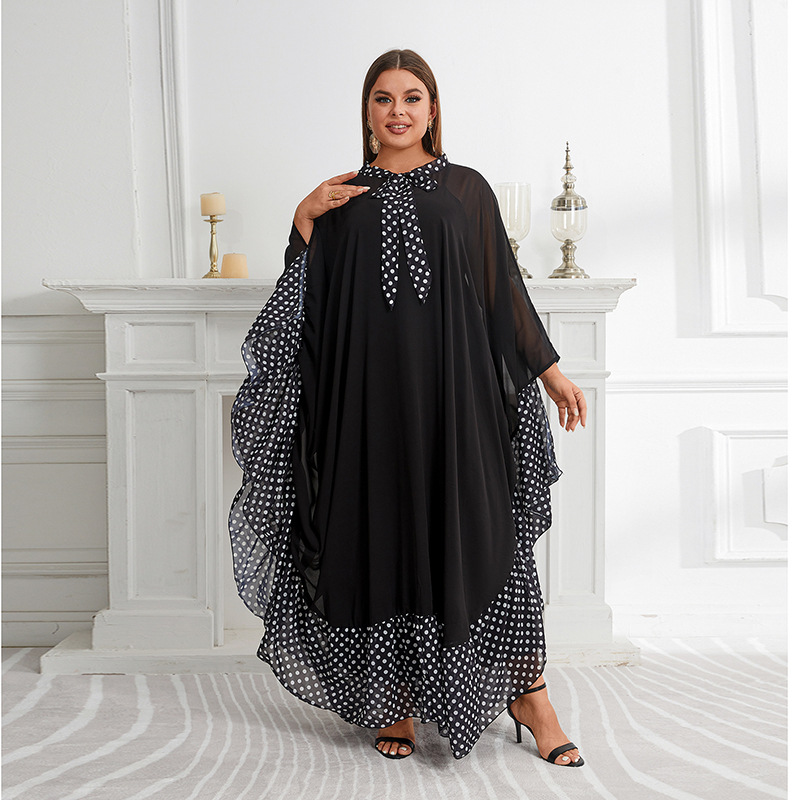 Camisa holgada de murciélago de talla grande para mujer con vestido burqa tipo bata a juego con estampado de lunares y lazo_voghion.com