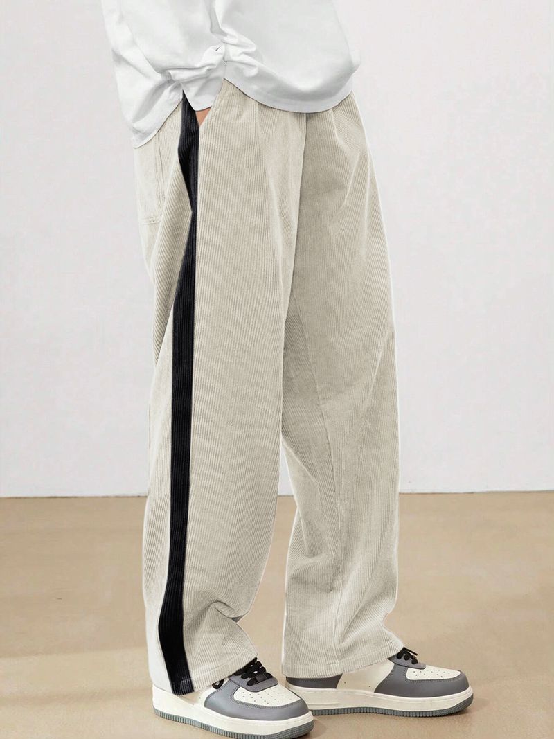 Cordhose mit Streifen für Herren – Lockere, gerade Passform, High Street Style (Schwarz, Cremeweiß, Dunkelgrau, S-XXL)_voghion.com