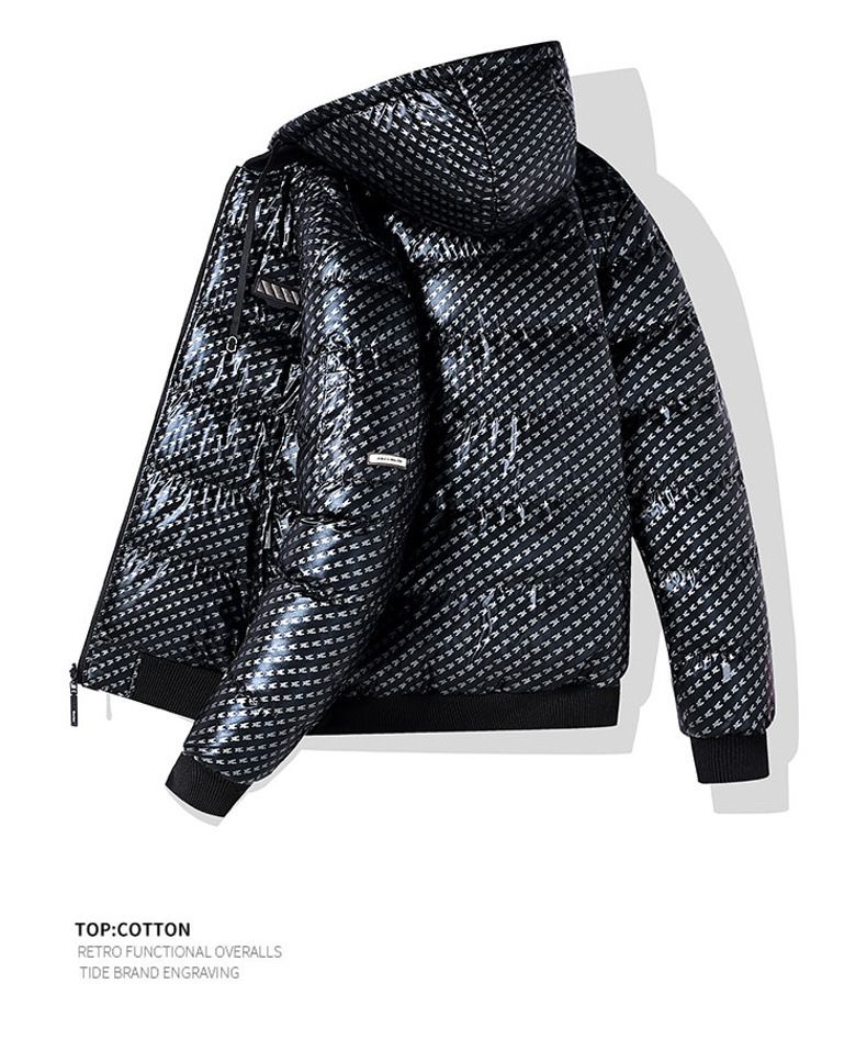 Jaqueta acolchoada masculina com estampa reversível e capuz removível - Casaco forrado de lã quente para inverno, casual e esportivo (preto, verde brilhante, branco prateado)_voghion.com