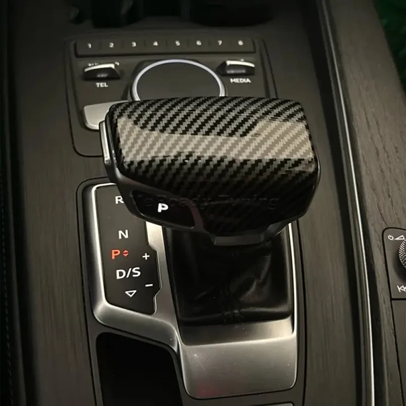 LHD Carbon Fiber Shift Knob Cover auto leather shifter cap for Audi A4 B9 A5 S5 Q5 fy Q7 RS4 RS5 2018 2019 2020 Interior_voghion.com