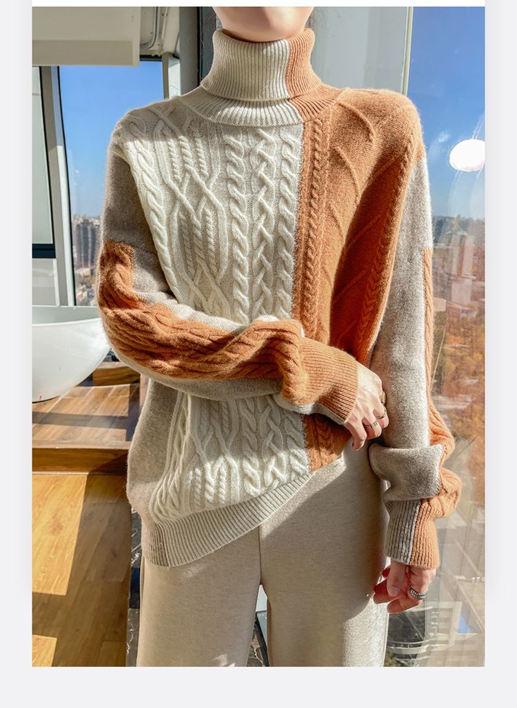 Maglione dolcevita da donna in maglia a trecce spesse – Pullover invernale spesso con motivo color block (S/M/L/XL)_voghion.com