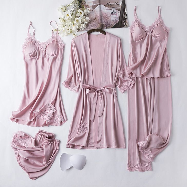 Underwear Pajamas Women Summer Ice Silk Sexy Suspenders Nightdress With Chest Pads Simulation Silk Satin Nightgown Five Piece Suit Home Clothes_voghion.com