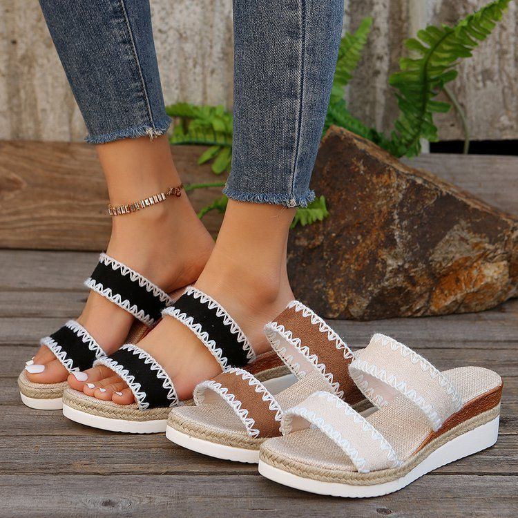 Women’s Shoes New Rope Woven Edge Wedge Slippers For Women Thick Bottom One Word Strap_voghion.com