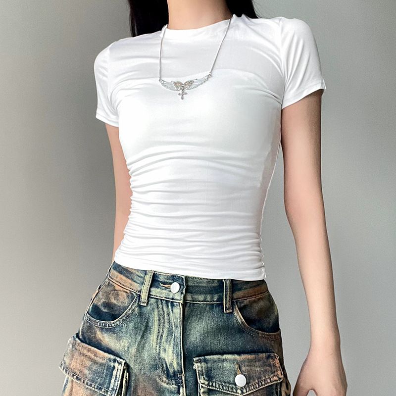 Ins Europese en Amerikaanse stijl effen kleur ronde hals basic korte mouwen T-shirt vrouwelijk 2023 nieuwe hete meid slanke sexy navel ontblotende korte top_voghion.com