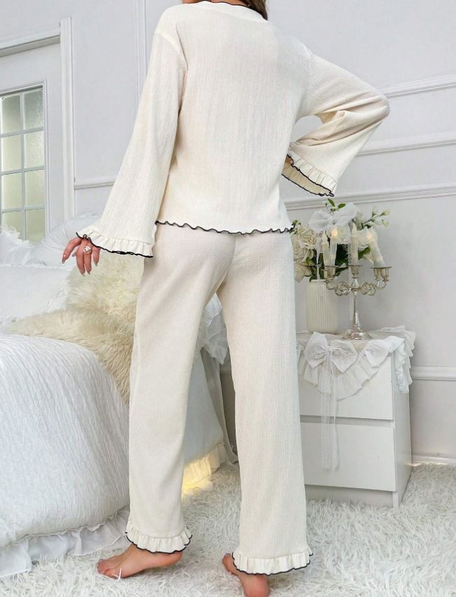 V-neck Lace-up Dense Edge Cardigan Long Sleeve Pants Set Pajamas Loungewear_voghion.com