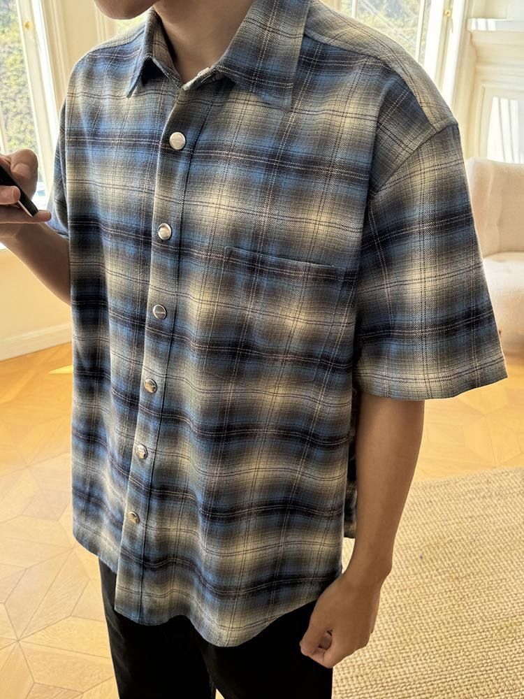 Flanell Blau Kariertes Kurzarmhemd Herren Sommer Kariertes Hemd Jacke_voghion.com