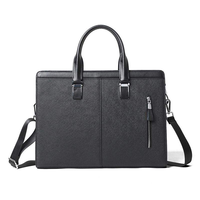 Handbag for men, black business briefcase, leather horizontal shoulder bag, crossbody high-end computer file bag. Wishing you a happy life_voghion.com