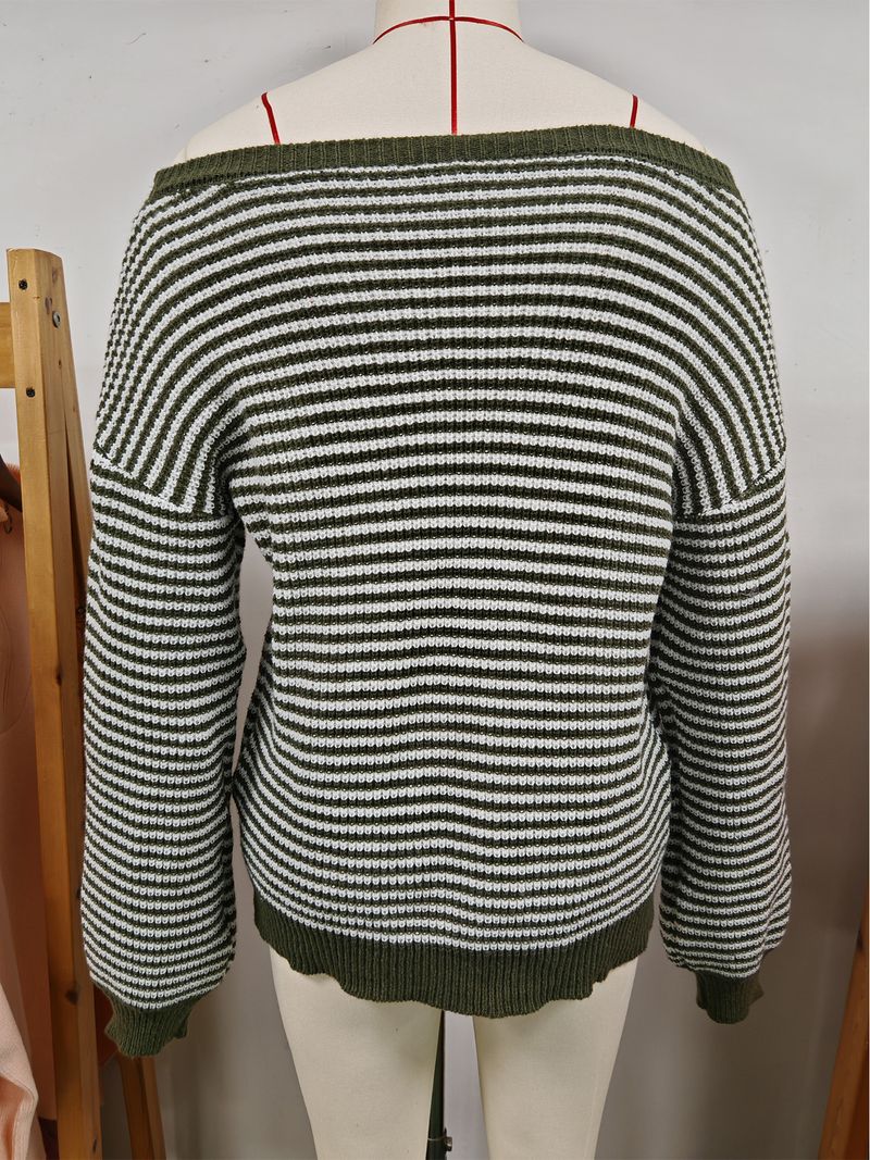 Maglione da donna in maglia con spalle scoperte, righe a blocchi di colore e maniche a lanterna – Vestibilità comoda e ampia per autunno e inverno_voghion.com