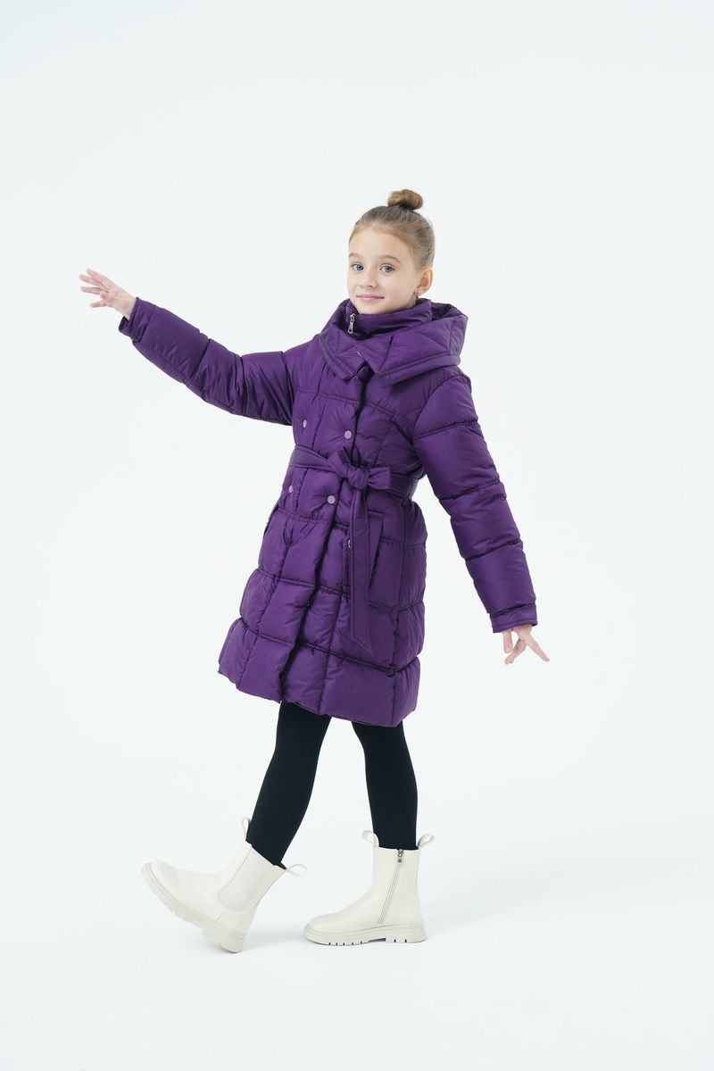 Mother & Kids Langer Puffermantel für Mädchen mit Gürtel und Kapuze – Warme Winterjacke mit Fleecefutter für Kinder (120–150 cm) – Lila/Wassermelonenrot/Schwarz_voghion.com