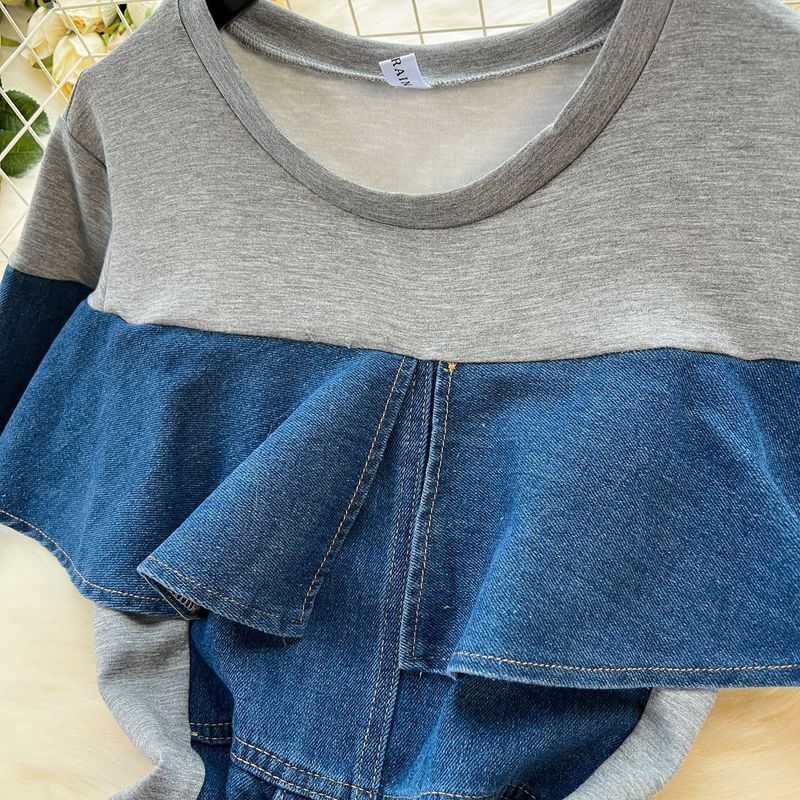 Nischen-High-End-Zweiteiler-Spleißen-Jeanskleid für Frauen Koreanische Version des Retro-Temperaments mit gerüschter Taille_voghion.com