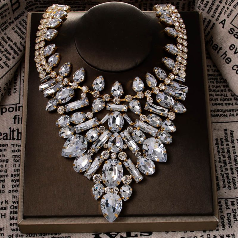 Luxurious Geometric Necklace, Exaggerated Rhinestone Collarbone Chain, Banquet Accessory Women, Necklace_voghion.com