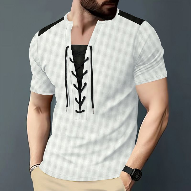 New Men's Waffle Knit Versatile Casual Color Block Patchwork Drawstring Round Neck Short Sleeve T-Shirt Top_voghion.com