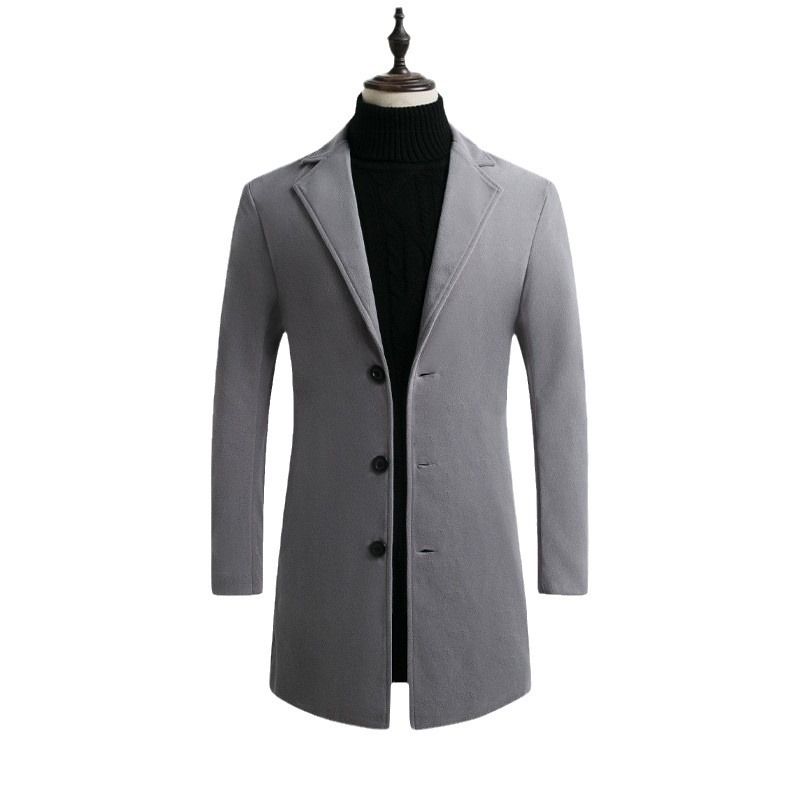 Autumn Winter New Wool Korean Style Slim Fit Mid-Length Trench Woolen Material Jacket Men's Coat_voghion.com