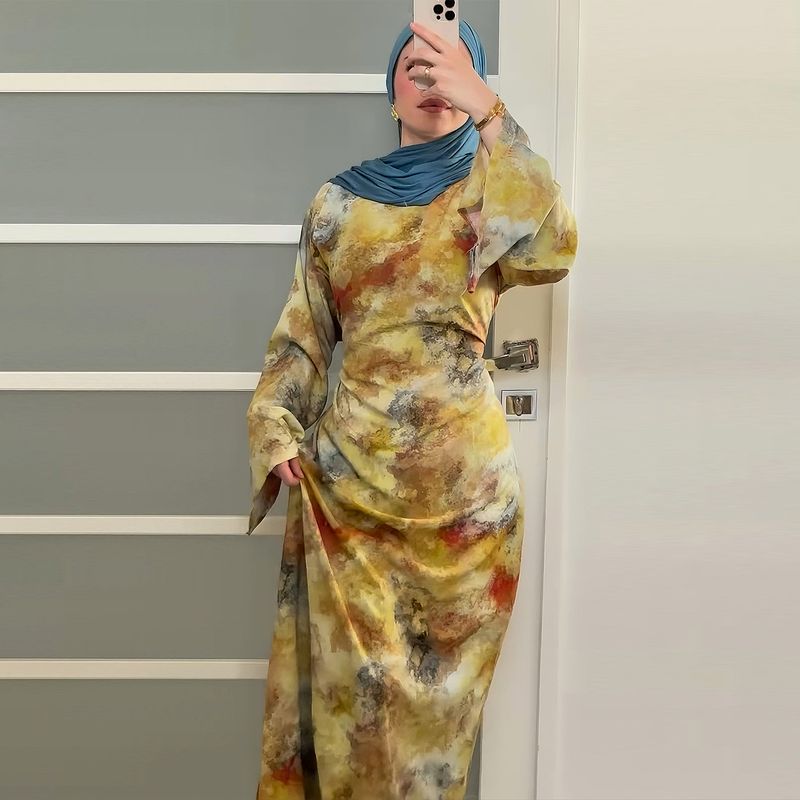 Damenbekleidung Damenkleid mit Blumendruck – Elegantes Langarm-Midikleid mit Fliege, Büro- und Freizeitkleidung (Grün, Gelb, S/M/L/XL)_voghion.com