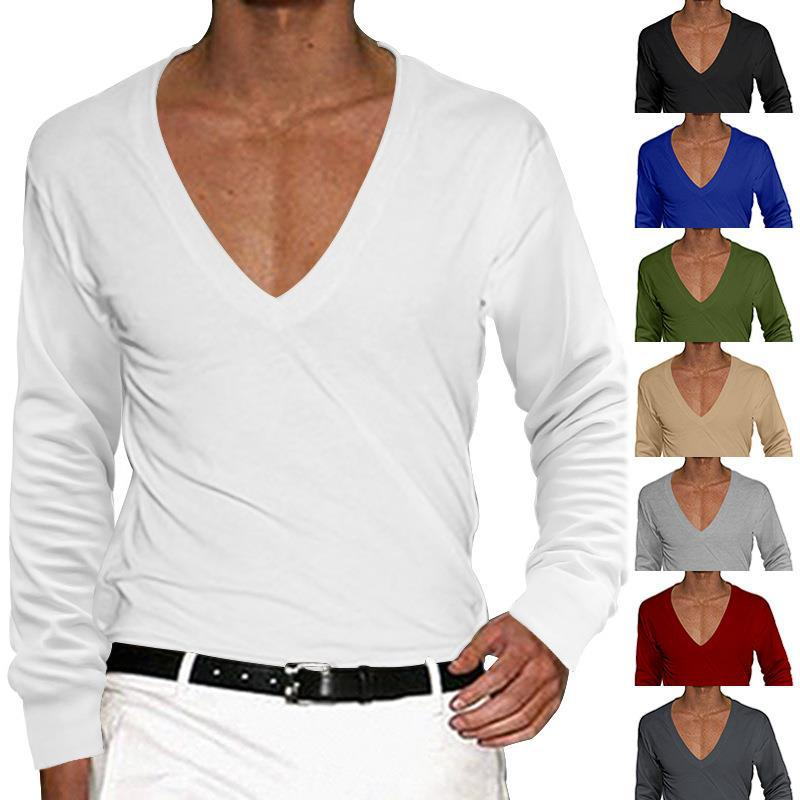 new long-sleeved t-shirt men's spring and autumn large V-neck solid color slim thin section casual t-shirt top_voghion.com