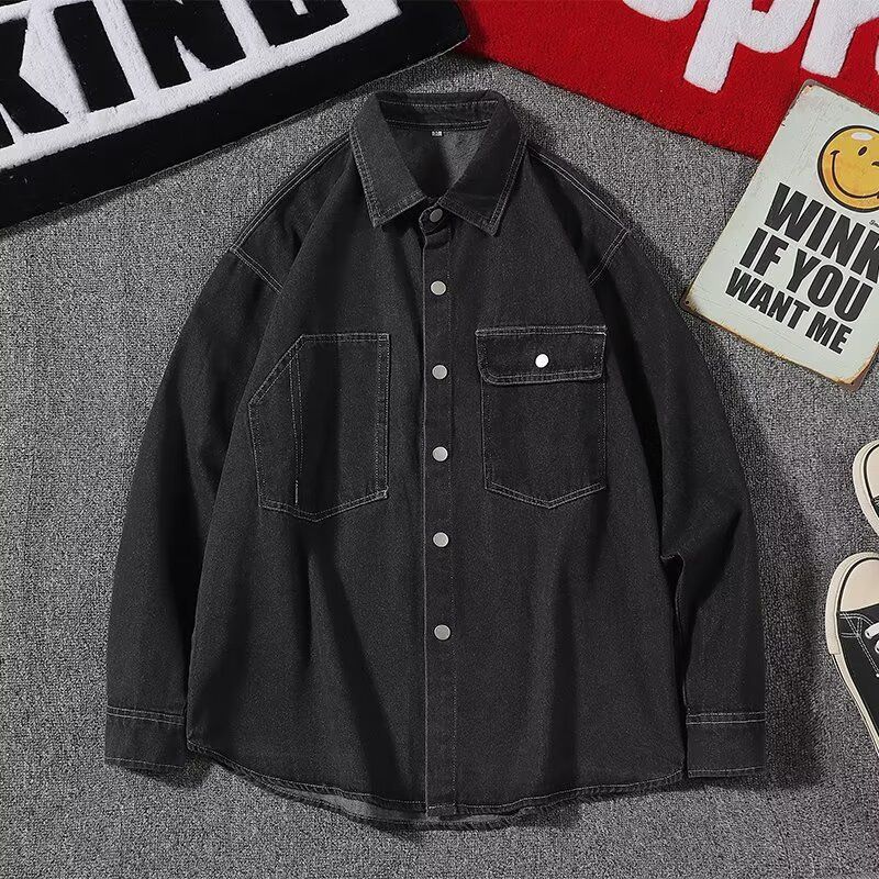 Chemise ample à manches longues pour homme, style coréen, style printemps-automne, en denim délavé_voghion.com
