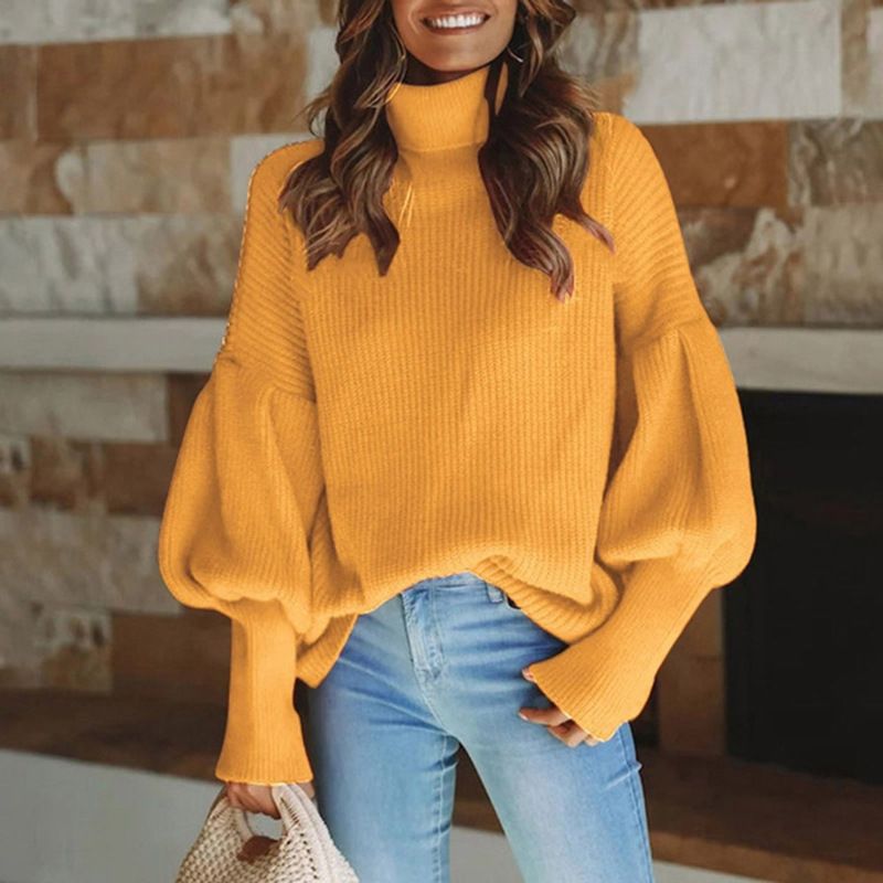 Ropa de mujer Suéter de punto de manga larga con cuello alto y color liso para mujer Ropa de mujer_voghion.com