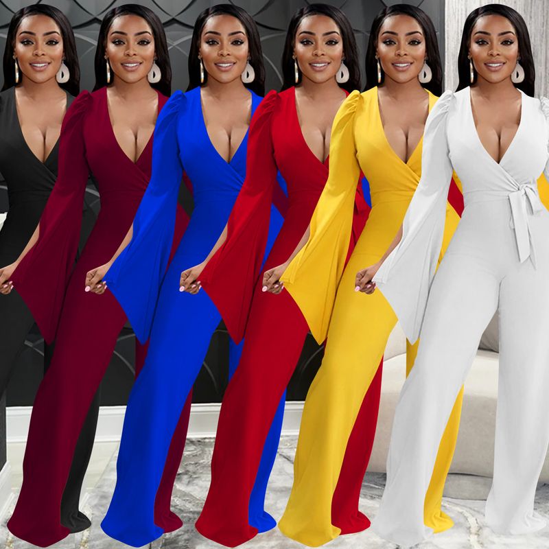 Dametøj nyt produkt ensfarvet sexet dyb V-rem plisseret brede ærmer lange bukser jumpsuit til kvinder_voghion.com