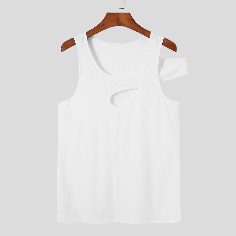 Herenkleding Holle mouwloze basis shirt sexy mannen persoonlijkheid blote schouder hart_voghion.com