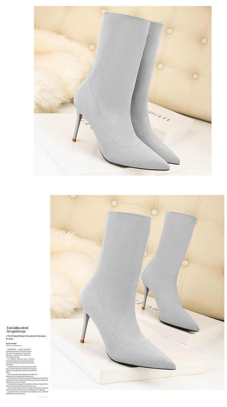 608-5 High Thin Heel Pointed Naked Solid Color Slim Fit Skinny Knitted Short Elastic Socks Boots_voghion.com