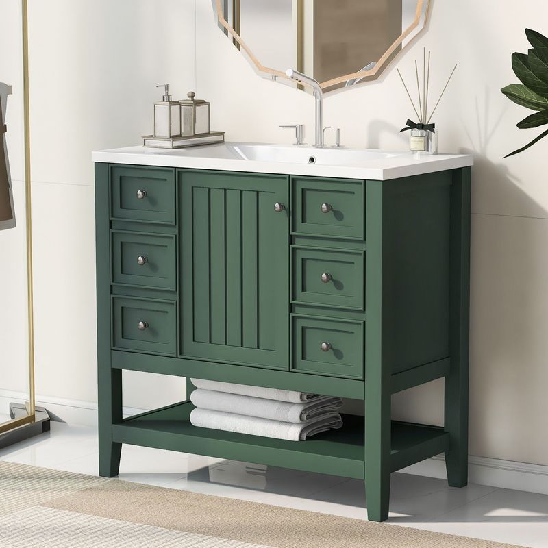 36" Bathroom Vanity With Sink Combo, One Cabinet And Three Drawers, Solid Wood And MDF Board_voghion.com