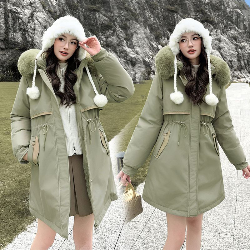 Roupas femininas Jaqueta de algodão Gola de pele Algodão Longline Cinto Acabamento em pele de coelho Casaco com capuz Parka com enchimento de poliéster espesso para o inverno_voghion.com