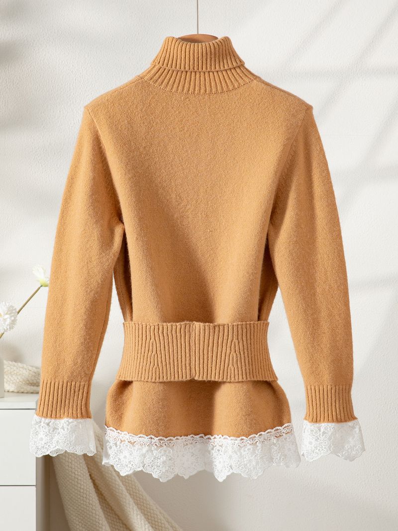 Elegante maglione da donna con bordo in pizzo – Pullover in maglia spessa con cintura in vita, dolcevita a maniche lunghe per autunno/inverno (S/M/L/XL)_voghion.com