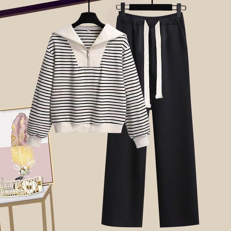 Completo trendy con felpa con cappuccio a maniche lunghe e colletto blu navy e pantaloni larghi con coulisse - Comodo abbigliamento casual da strada, tessuto in poliestere traspirante_voghion.com