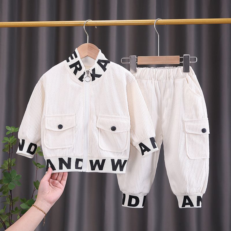 Boys' Corduroy Zip-Up Long Sleeve Two-Piece Outfit – Casual Spring & Autumn Set (80-120cm, Black/Beige/Brown)_voghion.com