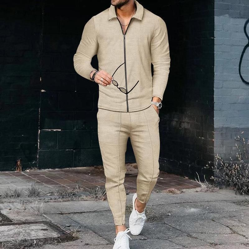 Outono e inverno novo terno casual, manga waffle calças compridas conjunto de duas peças, terno masculino_voghion.com