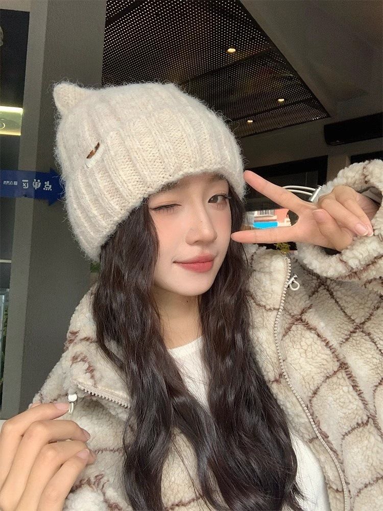 Cat Ear Knitted For Women, Autumn And Winter New Japanese Style Warm Cute Knit Hat, Korean Version Thickened Versatile_voghion.com