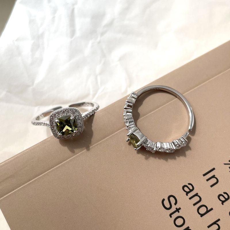 Tiqi French Olive Green Square For Women S Pure Silver Palace Style Diamond Sparkling Zirconia Stacked Finger Ring_voghion.com