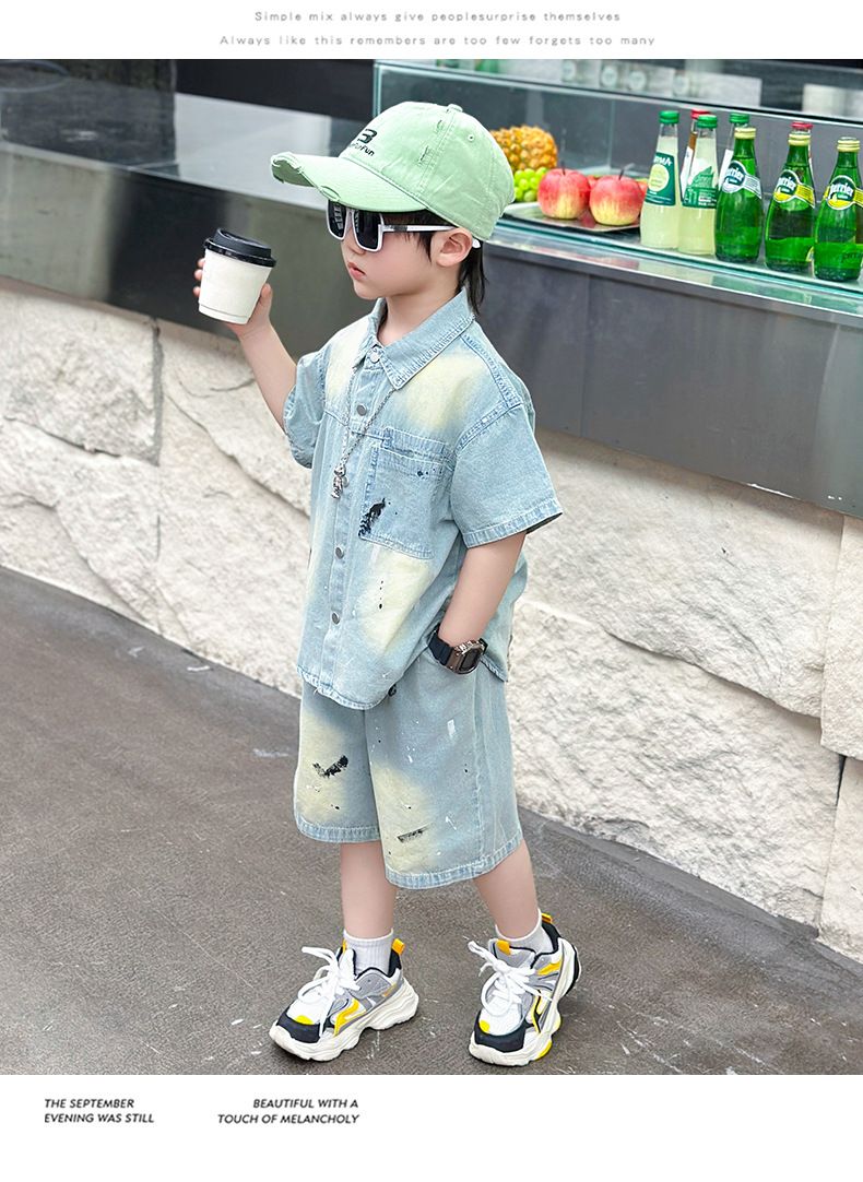 Camicie in denim a maniche corte per mamma e bambini, abbigliamento casual per ragazzi_voghion.com