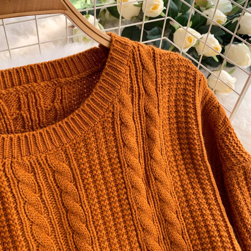 Conjunto de suéter de punto trenzado grueso con elegante falda larga con abertura en la espalda - Conjunto de dos piezas marrón claro para mujer (talla única)_voghion.com