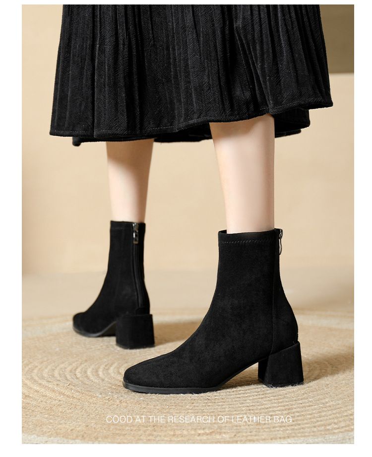 333-1 Autumn Winter New Korean Fashion Square Toe Short Suede Zipper Women's Chunky Mid-Calf High Heel Boots_voghion.com