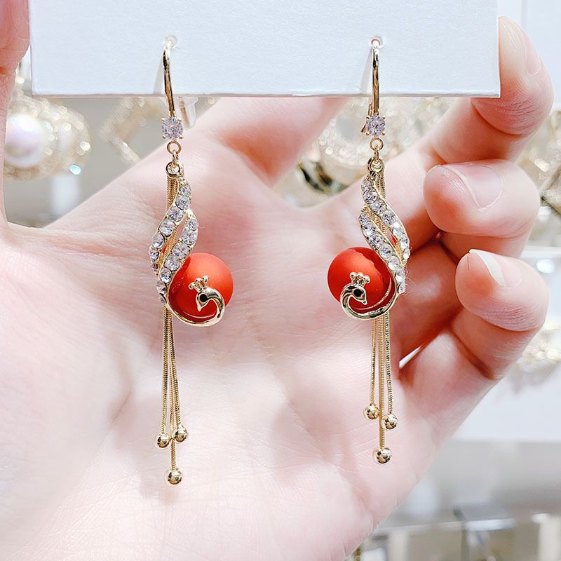 Orecchini a forma di pavone con nappa e fenice, stile cinese, perle, ganci per le orecchie lunghi, personalità, temperamento, gioielli versatili per le donne_voghion.com