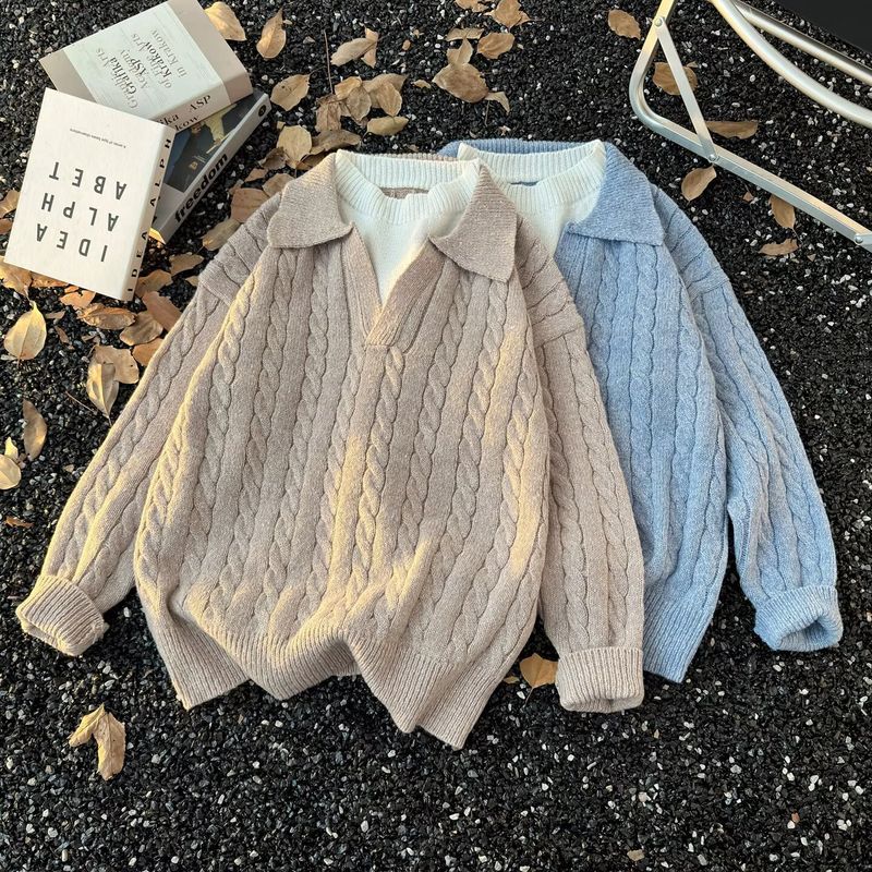 Vintage Zopfmusterpullover mit mehrlagigem V-Ausschnitt - Lässiger Oversized Pullover für Damen & Herren, Herbst-Wintermode_voghion.com