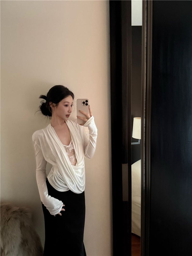 Sexy tričko ve francouzském stylu s výstřihem do V, mírně průhledné, pro ženy, jarní krajkový střih, s úzkým topem uvnitř_voghion.com