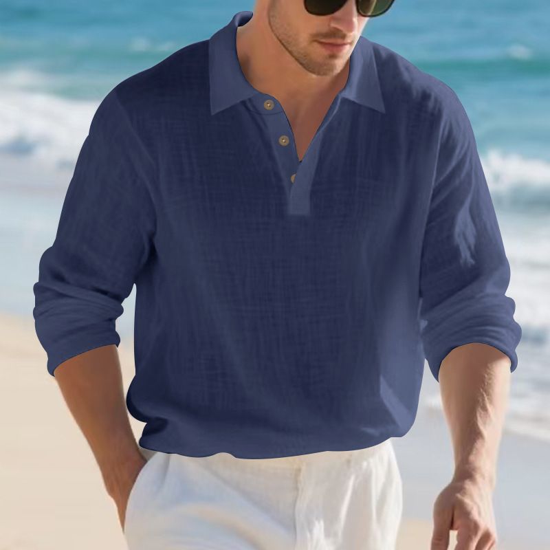 Herren-Leinenhemd mit Knopfleiste – Relaxed Fit Langarm-Polo mit Stehkragen (S-XXXL, atmungsaktiv und knitterfrei, Marineblau/Schwarz/Khaki)_voghion.com