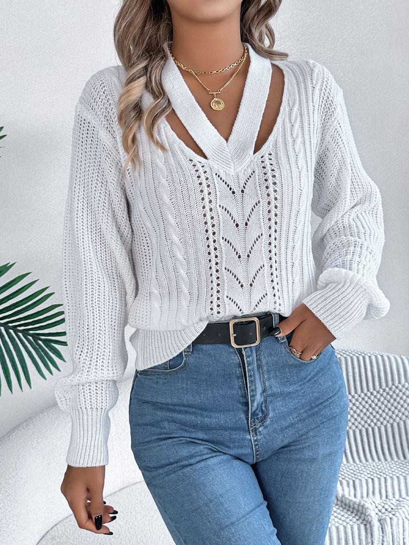Maglione pullover casual con scollo a V e maniche a lanterna in maglia a trecce, autunno inverno 2025, moda donna_voghion.com