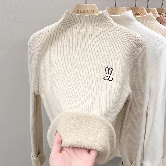 【 Cashmere Family 】 Women's Warm One Fleece Thick with Velvet Inner Embroidered Half High Collar Wool Base Sweater_voghion.com